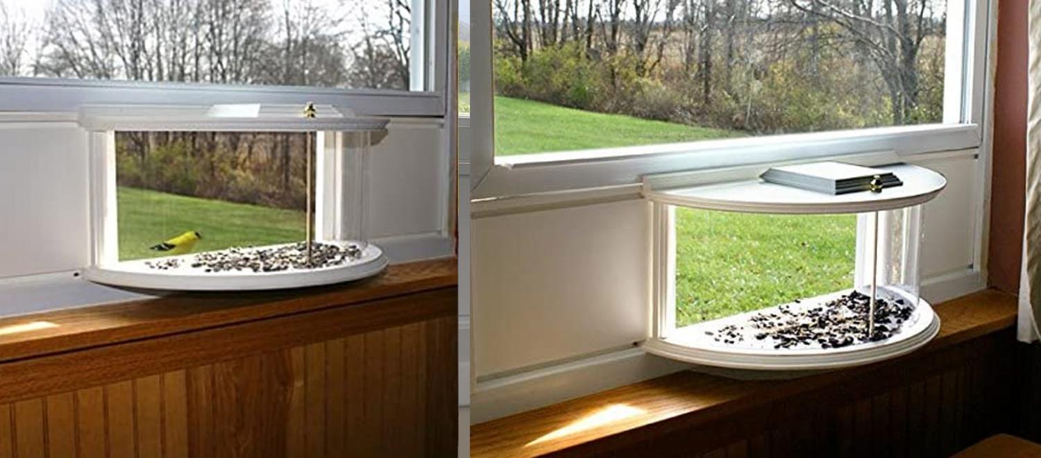 Indoor bird feeder and window mounted indoor bird viewer