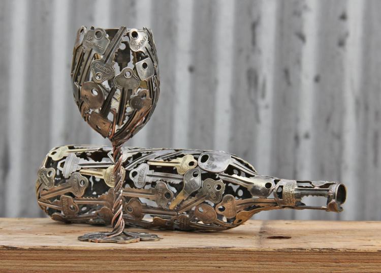 Key Art - WIne Glass and Bottle Made From Recycled Keys