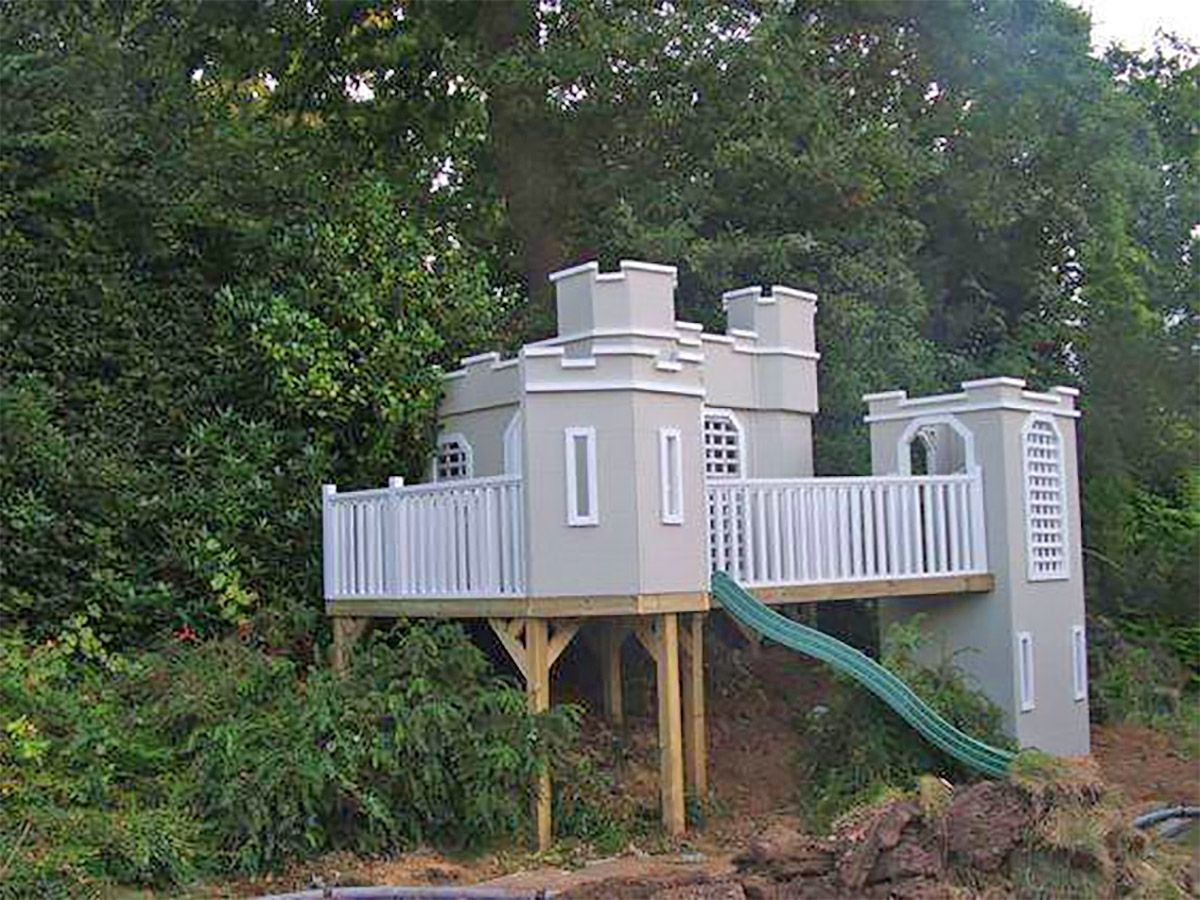 Custom Castle Shaped Kids Playhouse with climbing wall