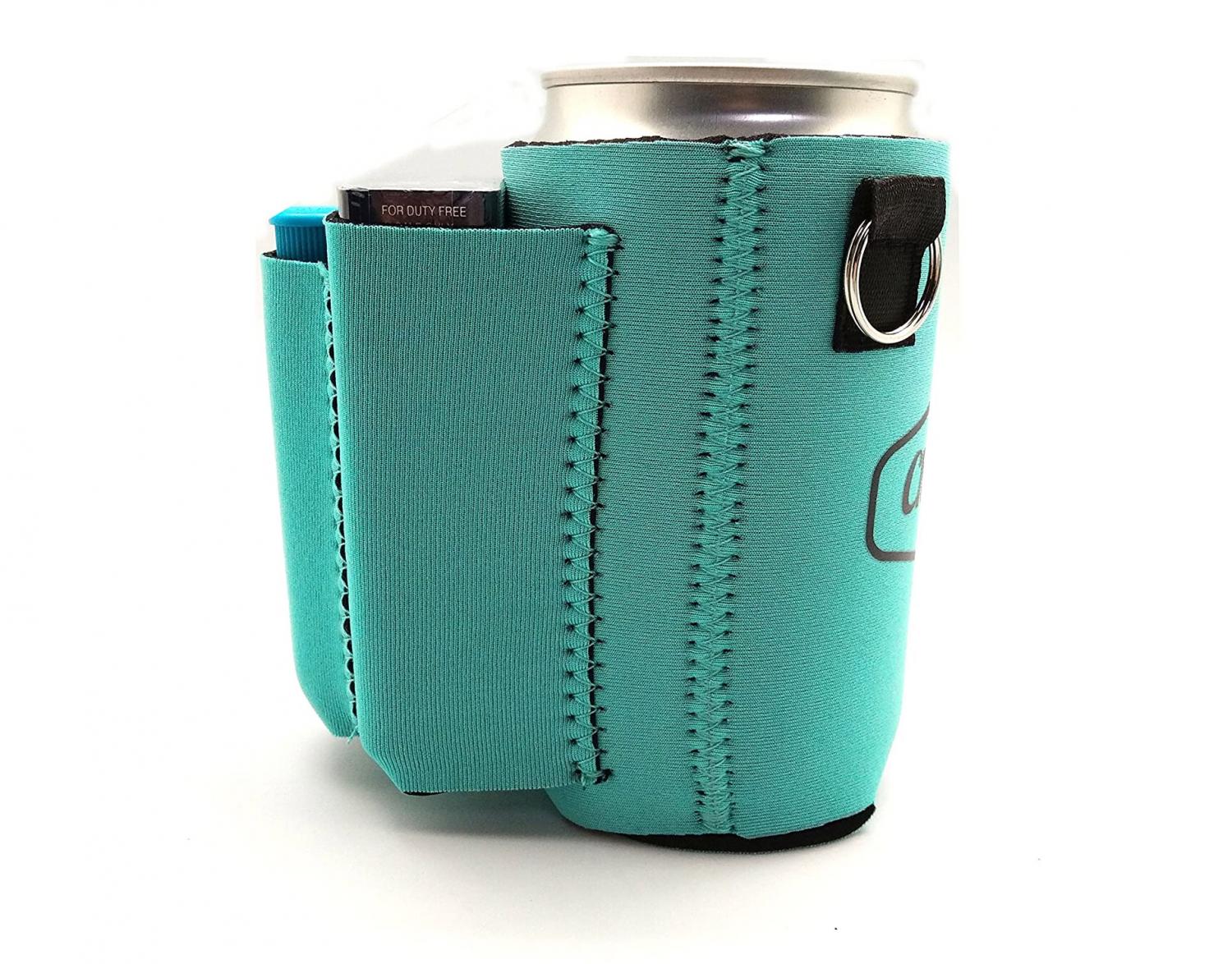 Triple Pocket Beer Koozie Holds pack of cigarettes and lighter (or snack, phone, lipstick)