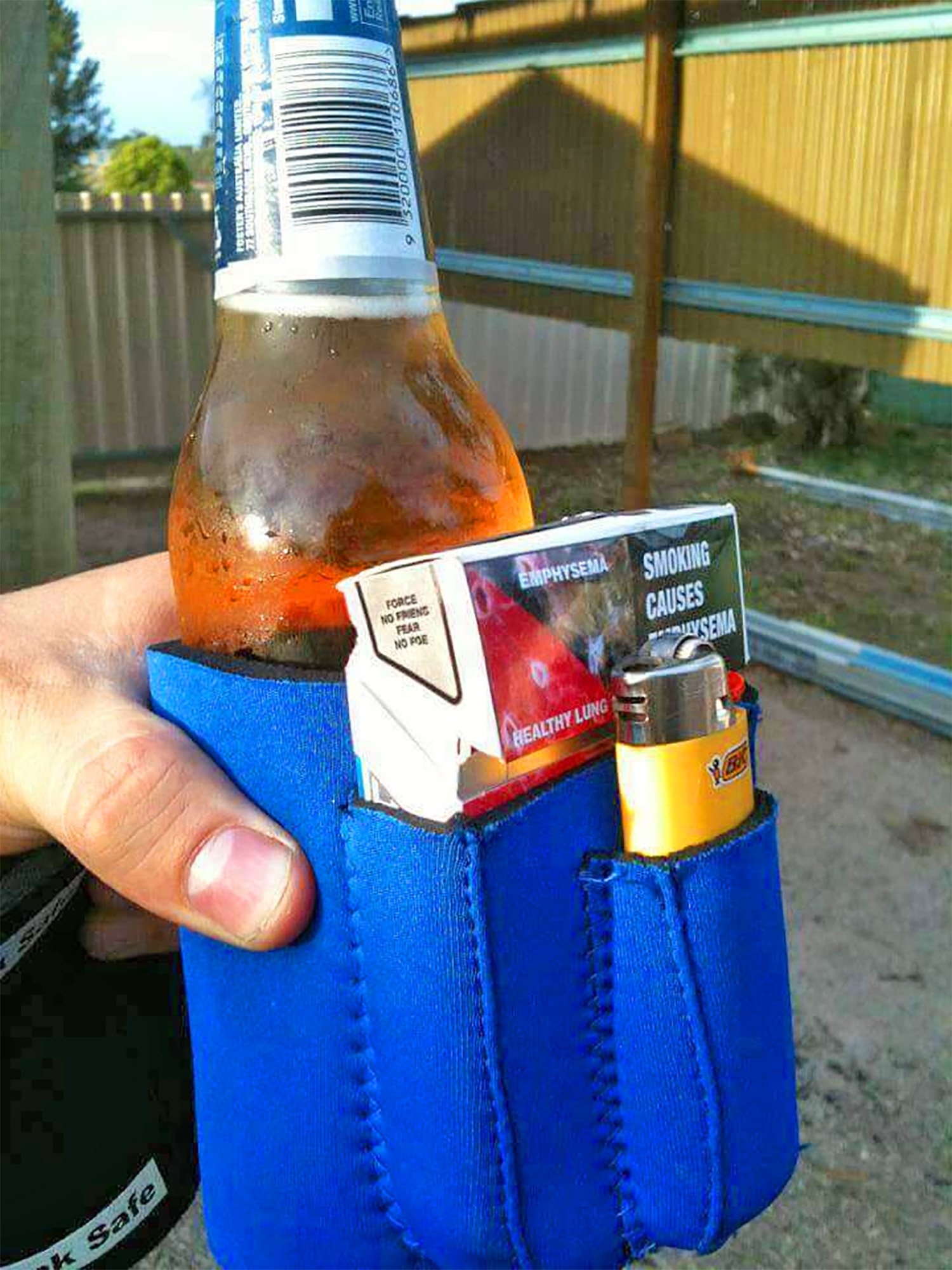 Triple Pocket Beer Koozie Holds pack of cigarettes and lighter (or snack, phone, lipstick)