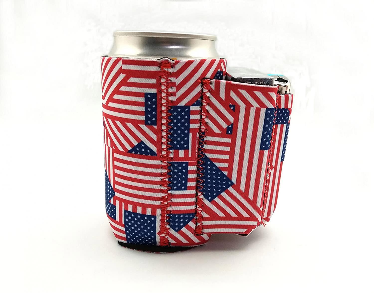 Triple Pocket Beer Koozie Holds pack of cigarettes and lighter (or snack, phone, lipstick)