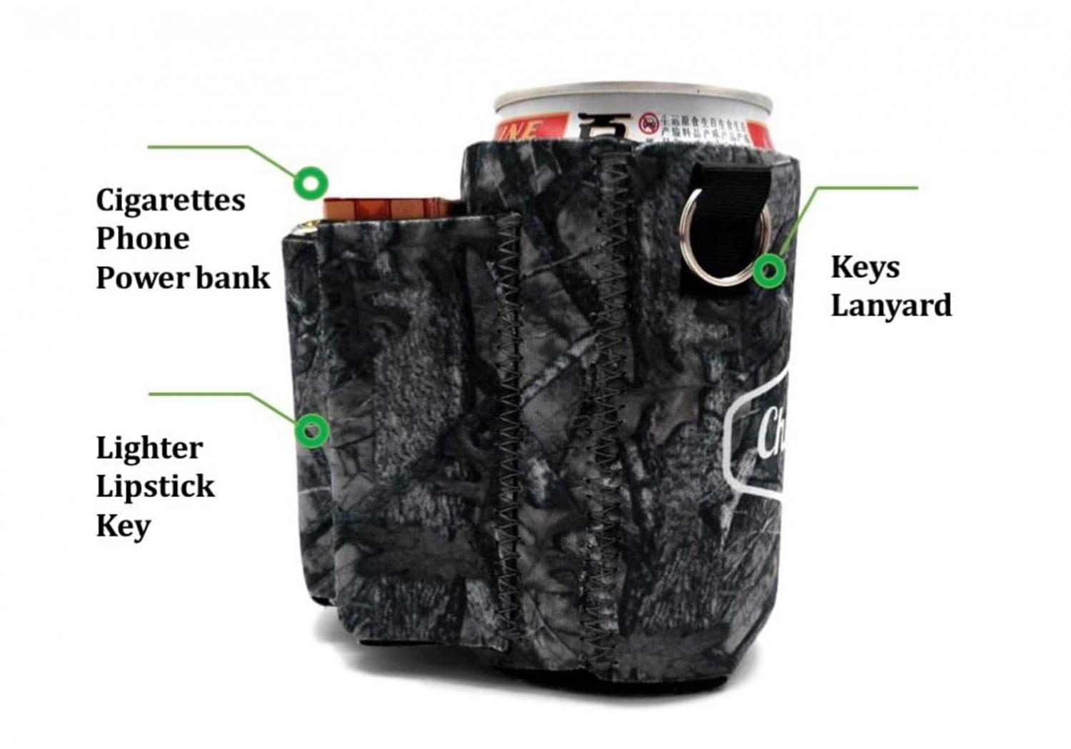 Triple Pocket Beer Koozie Holds pack of cigarettes and lighter (or snack, phone, lipstick)