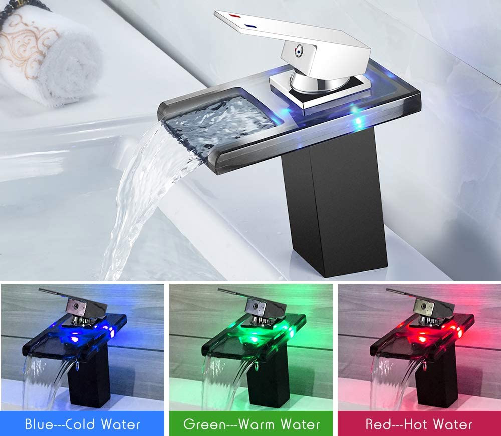 LED Bath Faucet Shows You If The Water is Hot, Cold, or Lukewarm - Color changing LED waterfall faucet