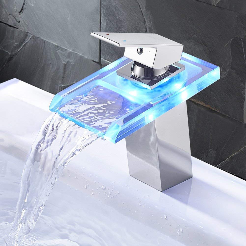 LED Bath Faucet Shows You If The Water is Hot, Cold, or Lukewarm - Color changing LED waterfall faucet