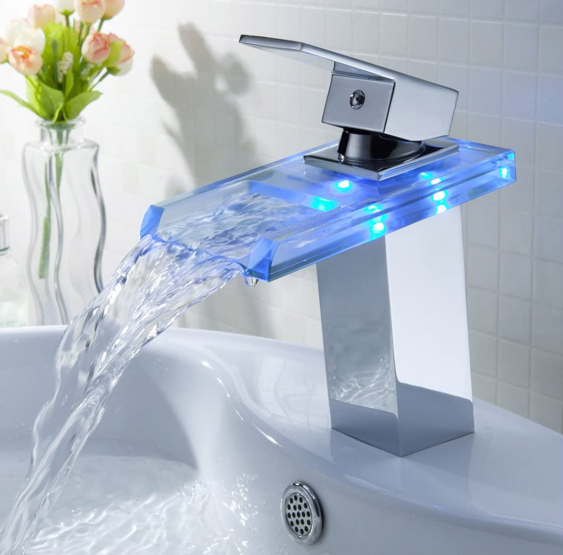 LED Bath Faucet Shows You If The Water is Hot, Cold, or Lukewarm - Color changing LED waterfall faucet