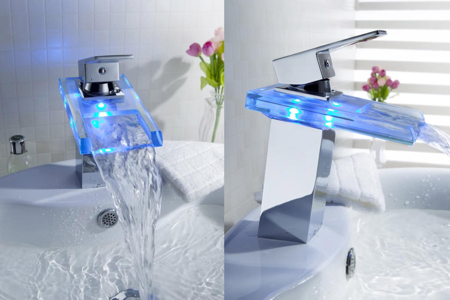 LED Bath Faucet Shows You If The Water is Hot, Cold, or Lukewarm - Color changing LED waterfall faucet