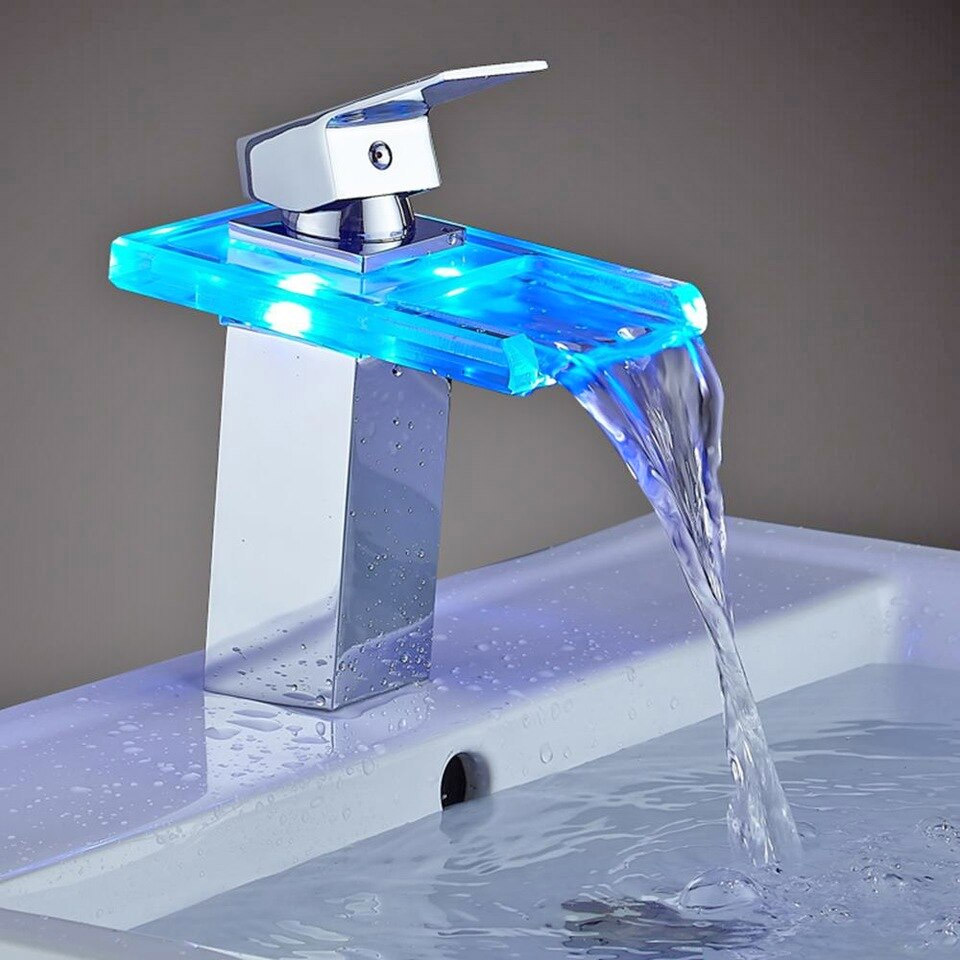 LED Bath Faucet Shows You If The Water is Hot, Cold, or Lukewarm - Color changing LED waterfall faucet