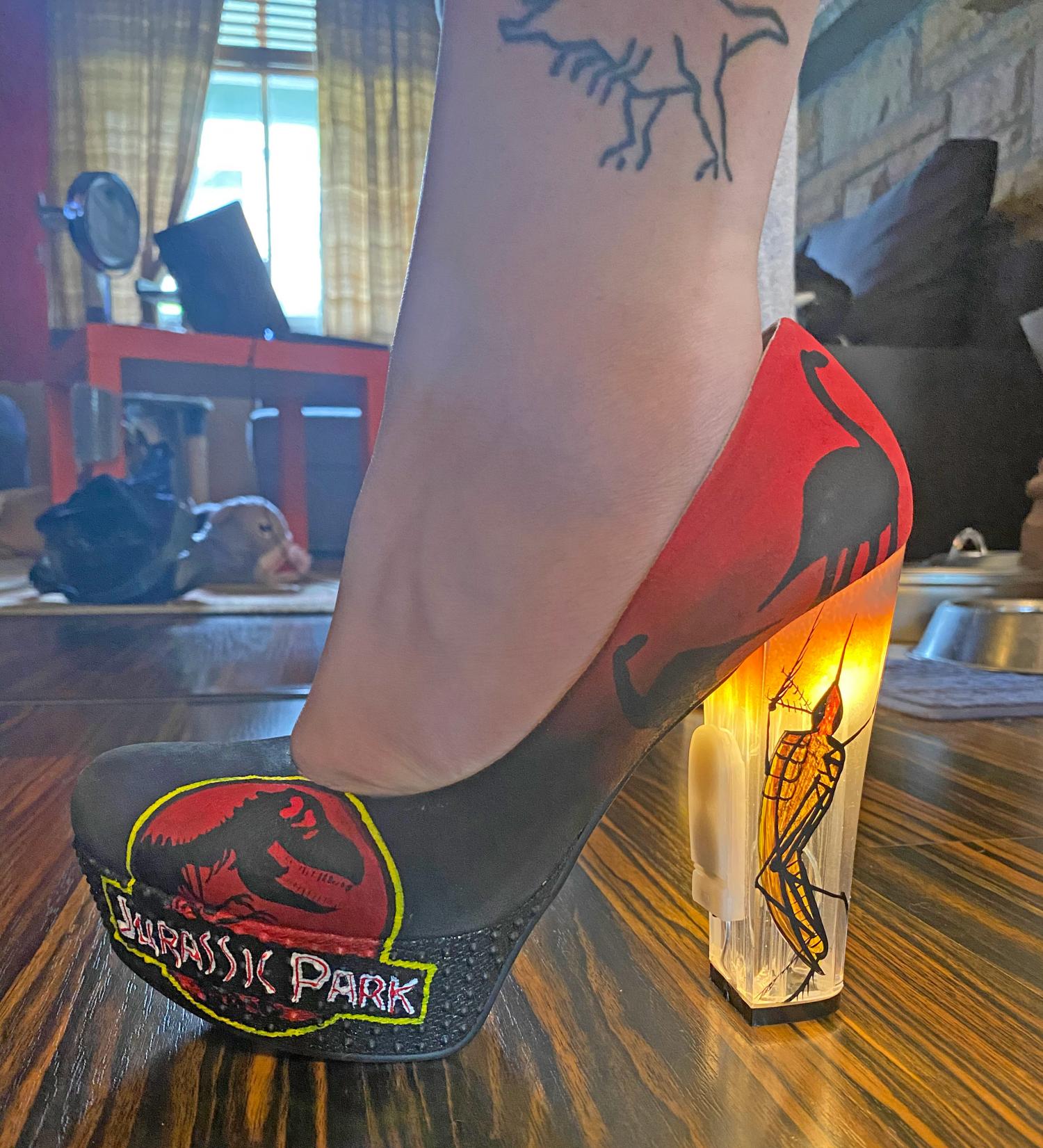 Light-Up Jurassic Park Heels With Giant Mosquito Stuck In Amber