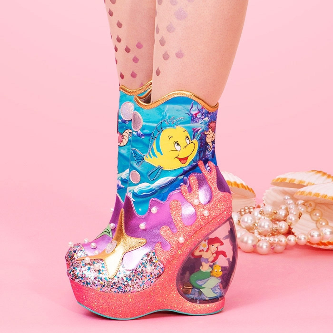 Little Mermaid Boots With Snow Globe Heels Featuring Ariel and Ursula Figurines Inside