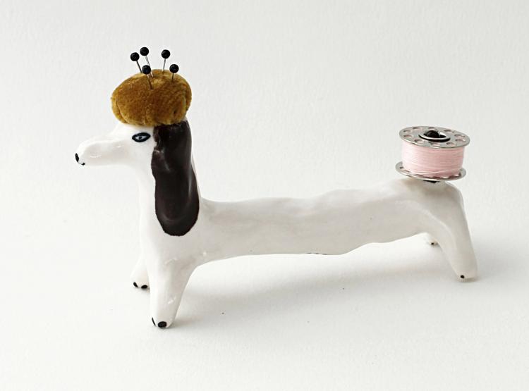 Pincushion and String Holding Dog Ceramic Decor
