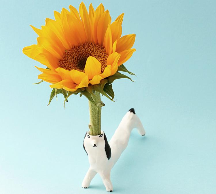 Flower Holding Dog Ceramic Decor