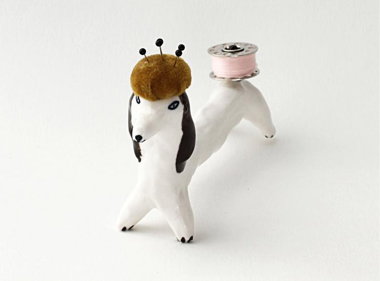 Pincushion and String Holding Dog Ceramic Decor