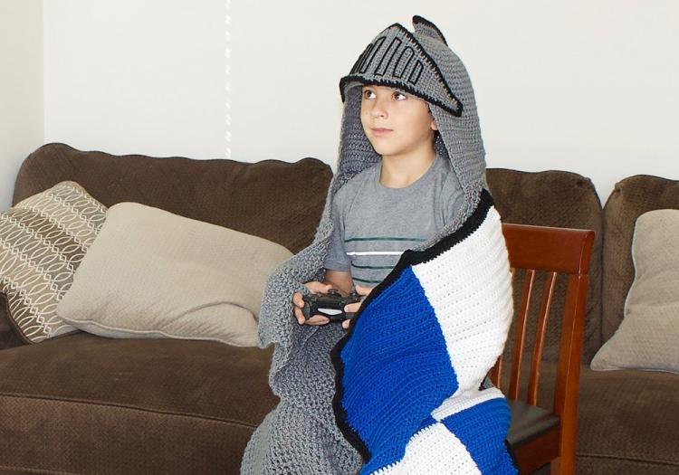 Medieval Knight Crochet Blanket - Hooded knight blanket with shield