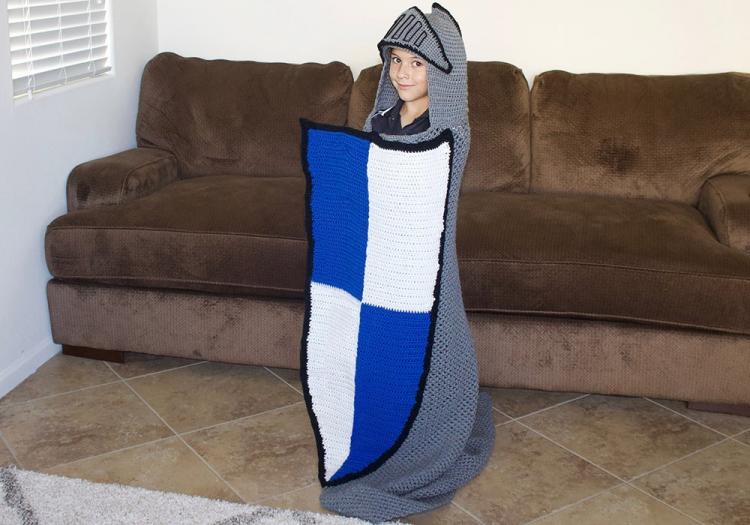 Medieval Knight Crochet Blanket - Hooded knight blanket with shield