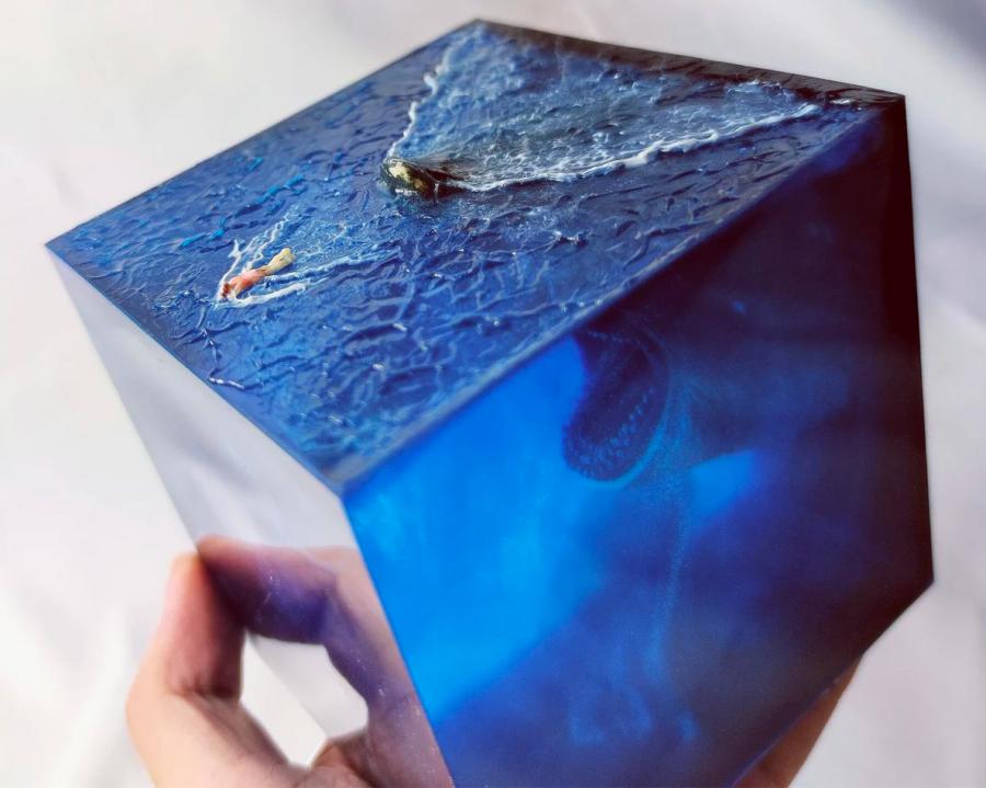 Cube Shaped Megalodon Shark Epoxy Night Light Lamp