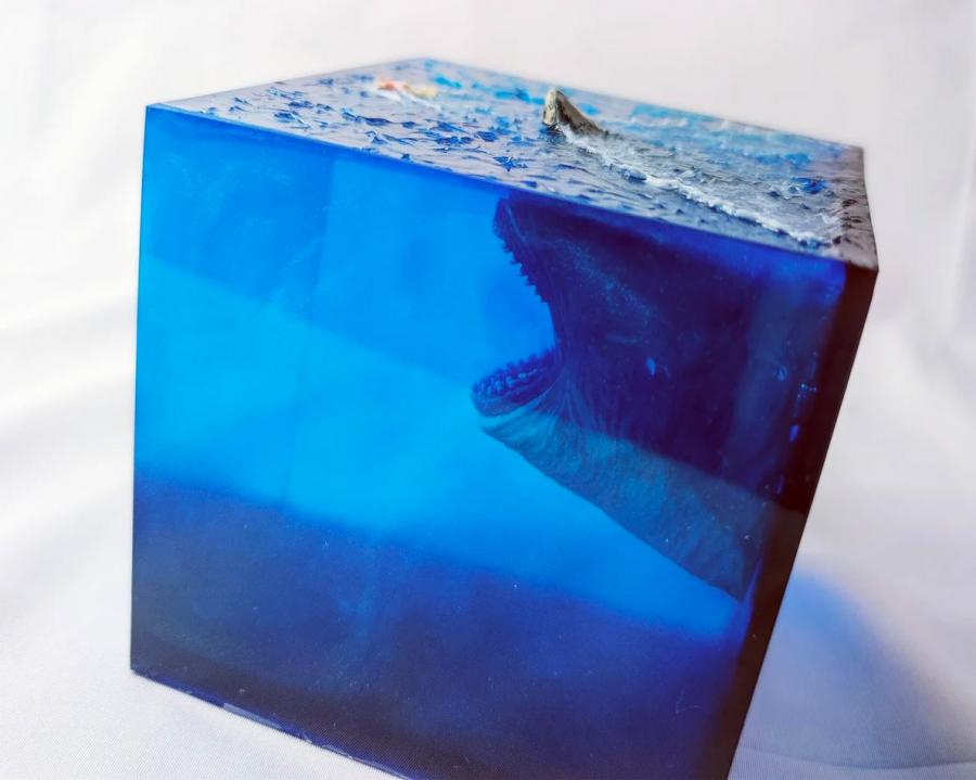 Cube Shaped Megalodon Shark Epoxy Night Light Lamp