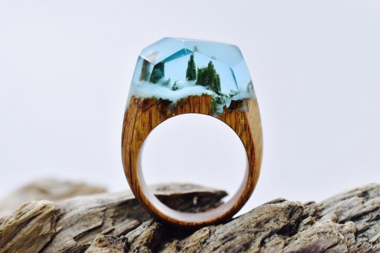 Beautiful Wooden Rings With Mini Landscapes Encapsulated In Resin