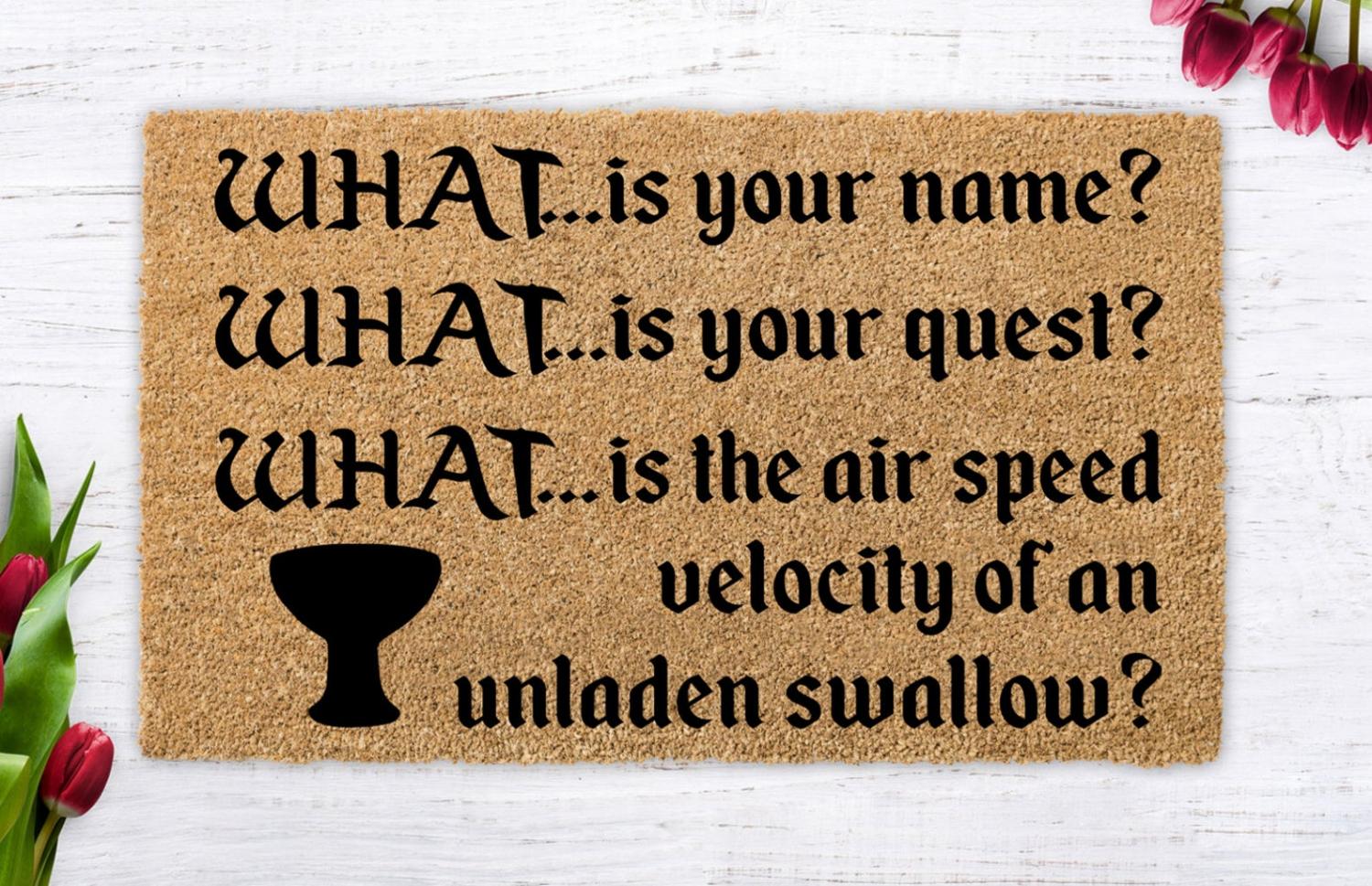 Monty Python Doormat - Bridge Troll Holy Grail 3 Questions funny doormat - Unladen swallow doormat