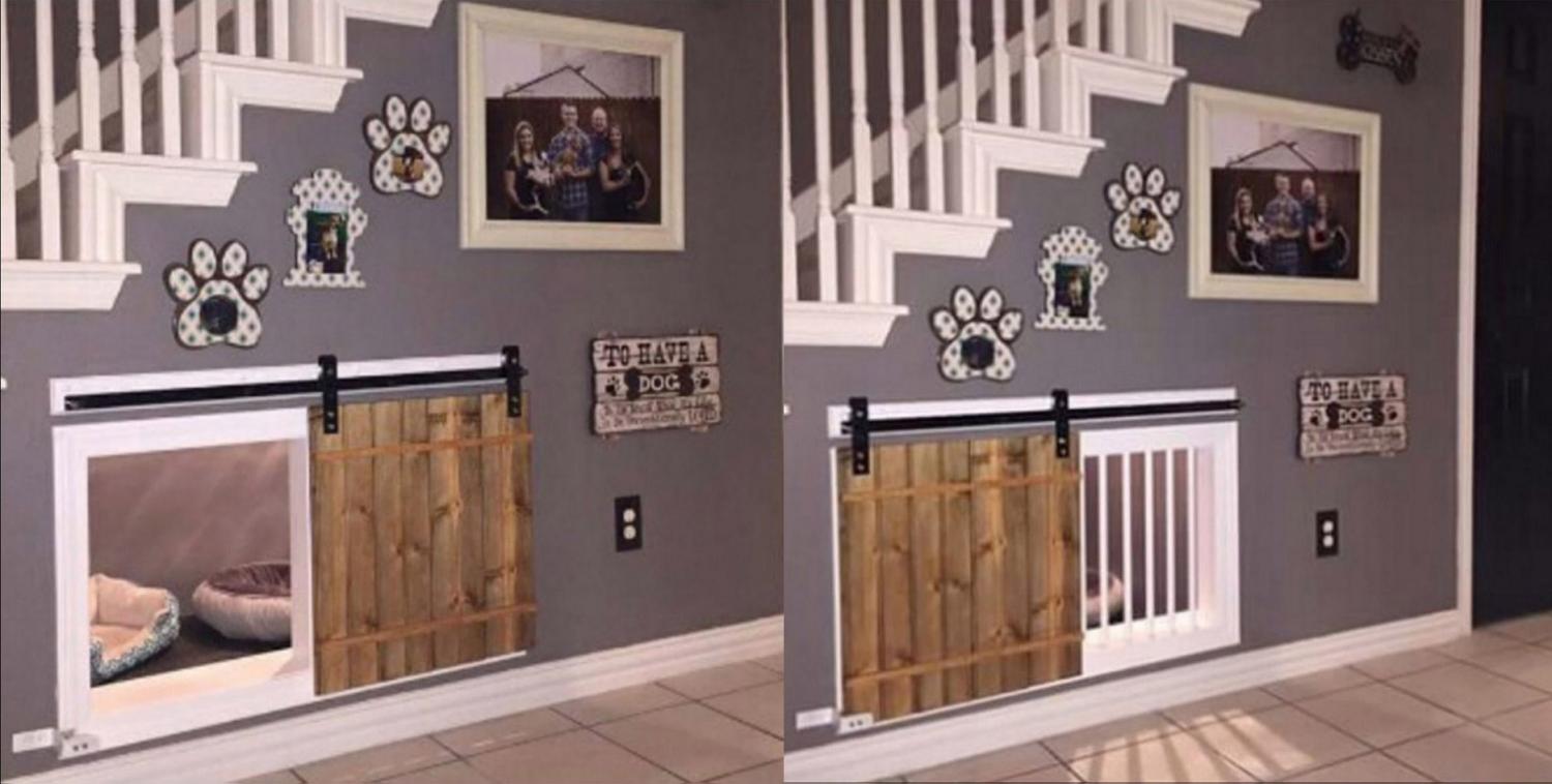 Most Creative Under The Stairs Home Designs - Barn door dog kennel under the stairs