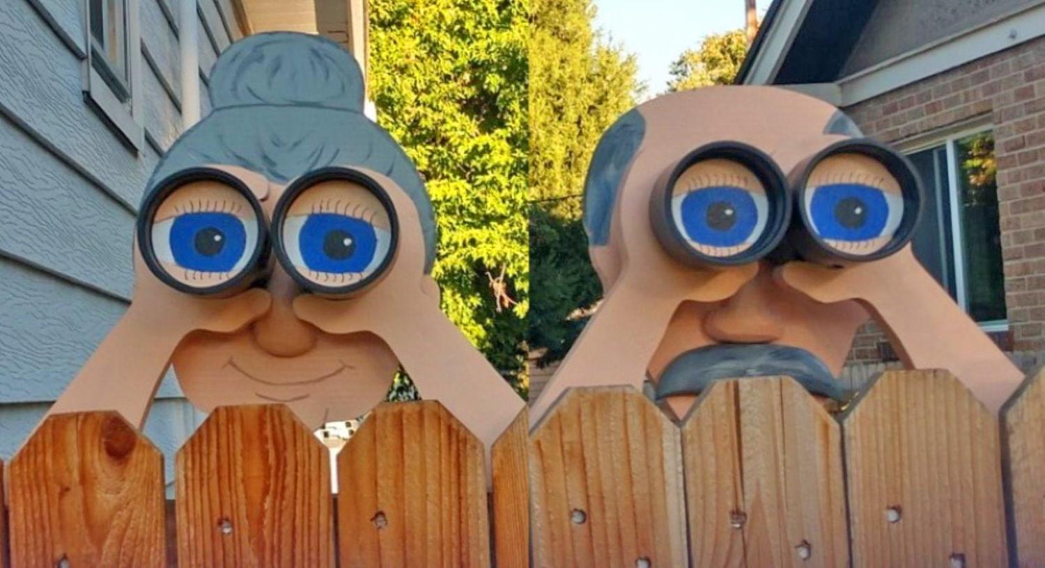 Eldery nosey neighbors with binoculars fence sitter decoration Eldery nosey neighbors with binoculars fence sitter decoration