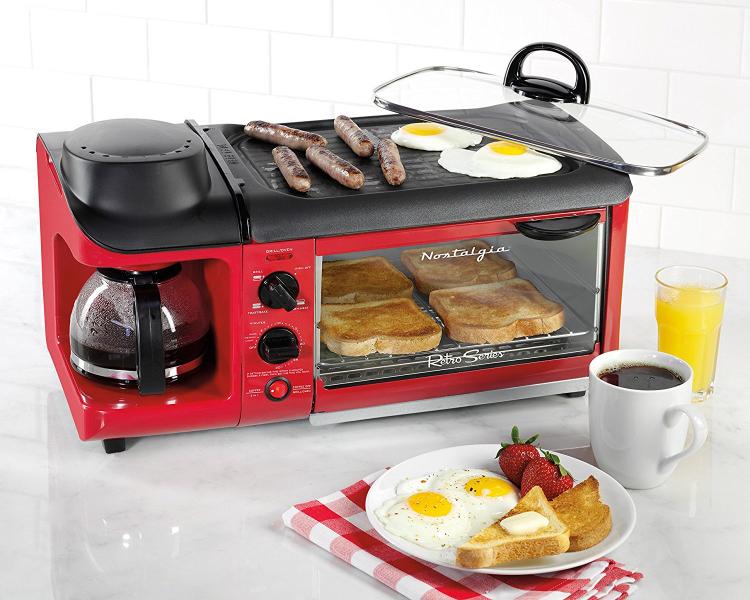 Nostalgia 3-in-1 retro 50's style breakfast station - breakfast appliance combines coffee maker, cooking griddle, and toaster-oven