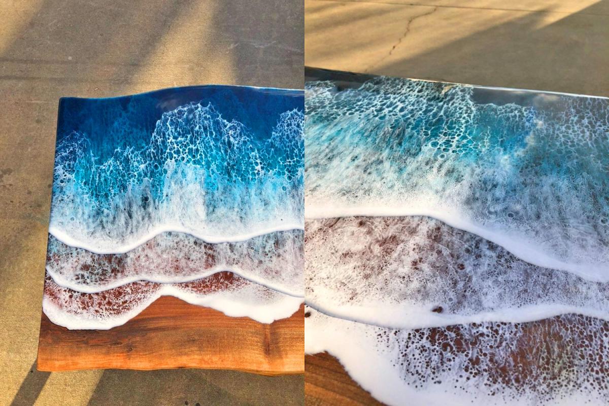 Wooden Slab Table With Ocean Waves Washing Onto Shore - Incredible design resin ocean waves coffee table