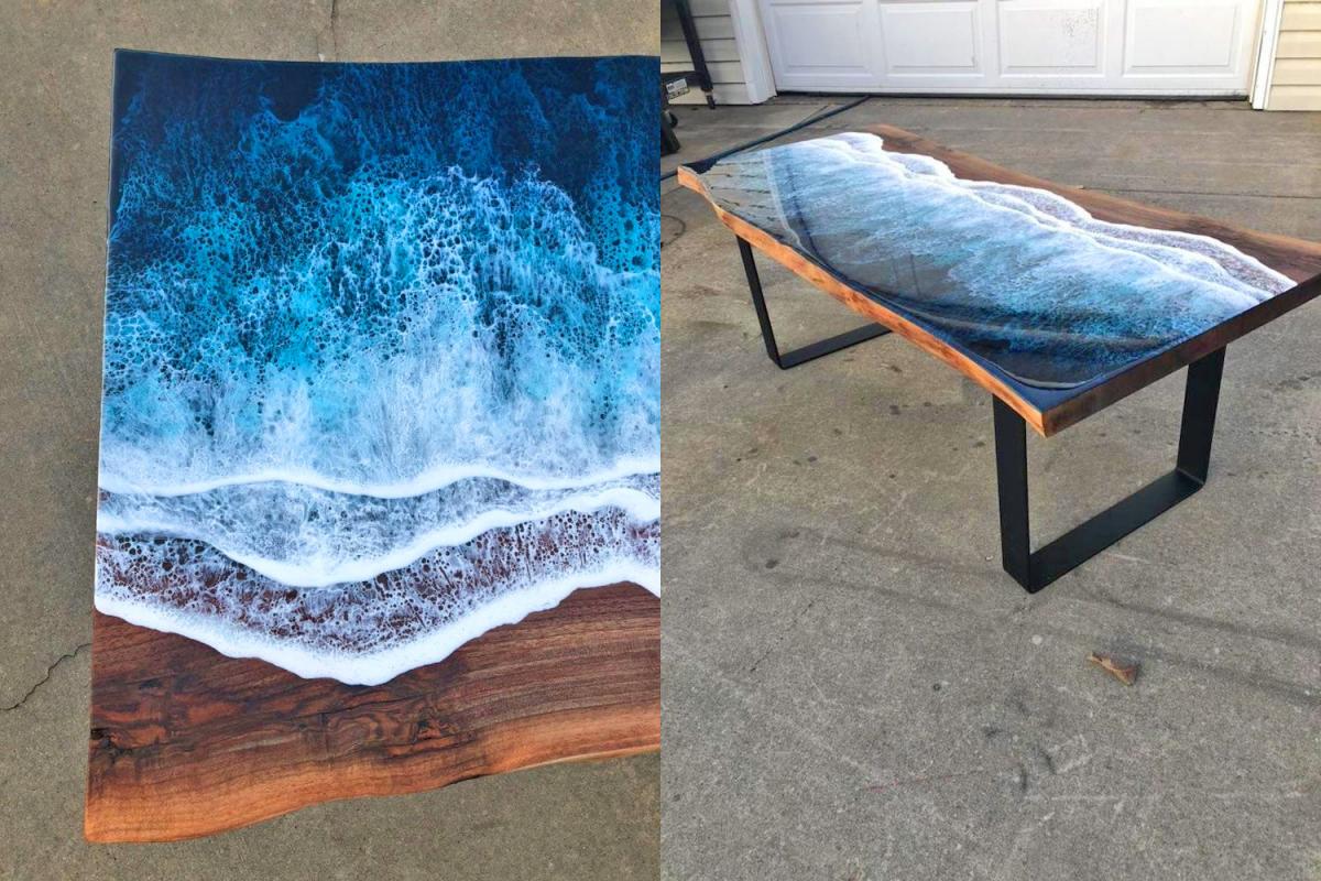 Wooden Slab Table With Ocean Waves Washing Onto Shore - Incredible design resin ocean waves coffee table