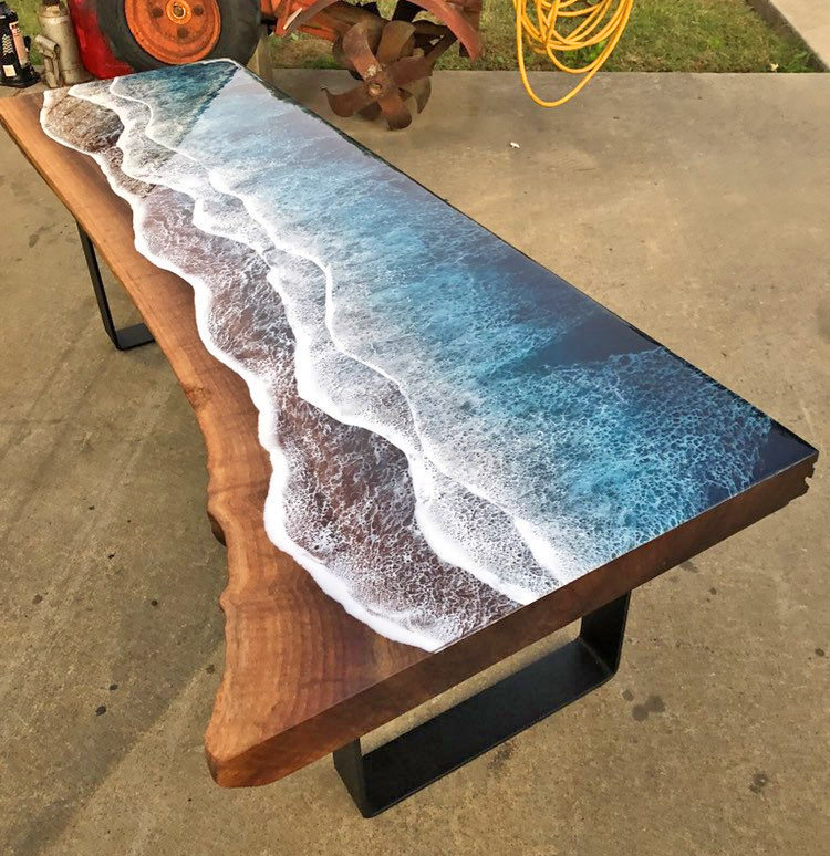 Wooden Slab Table With Ocean Waves Washing Onto Shore - Incredible design resin ocean waves coffee table
