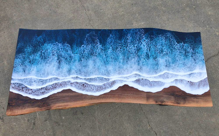 Wooden Slab Table With Ocean Waves Washing Onto Shore - Incredible design resin ocean waves coffee table