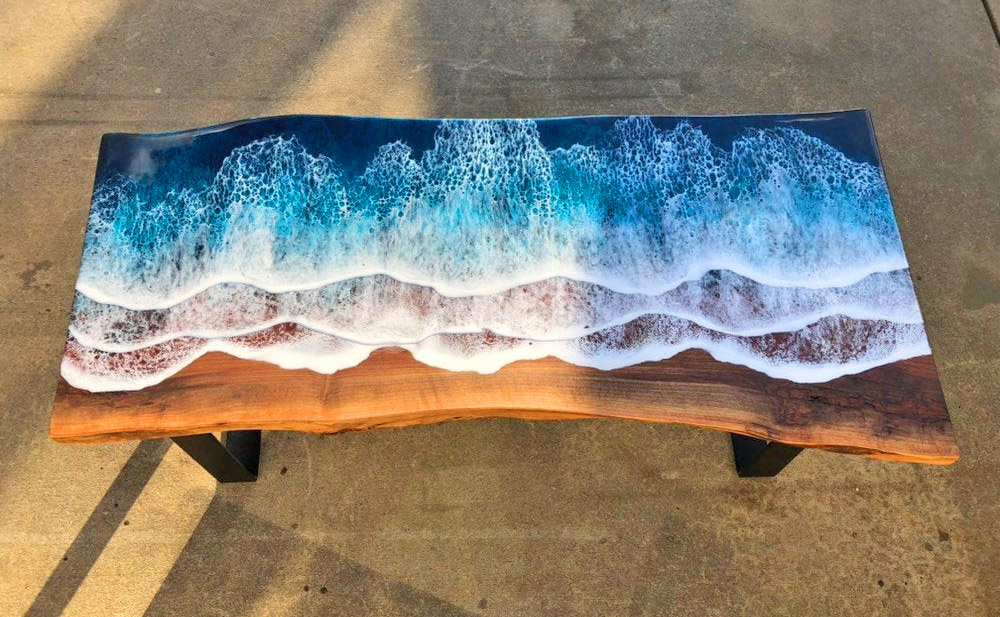 Wooden Slab Table With Ocean Waves Washing Onto Shore - Incredible design resin ocean waves coffee table