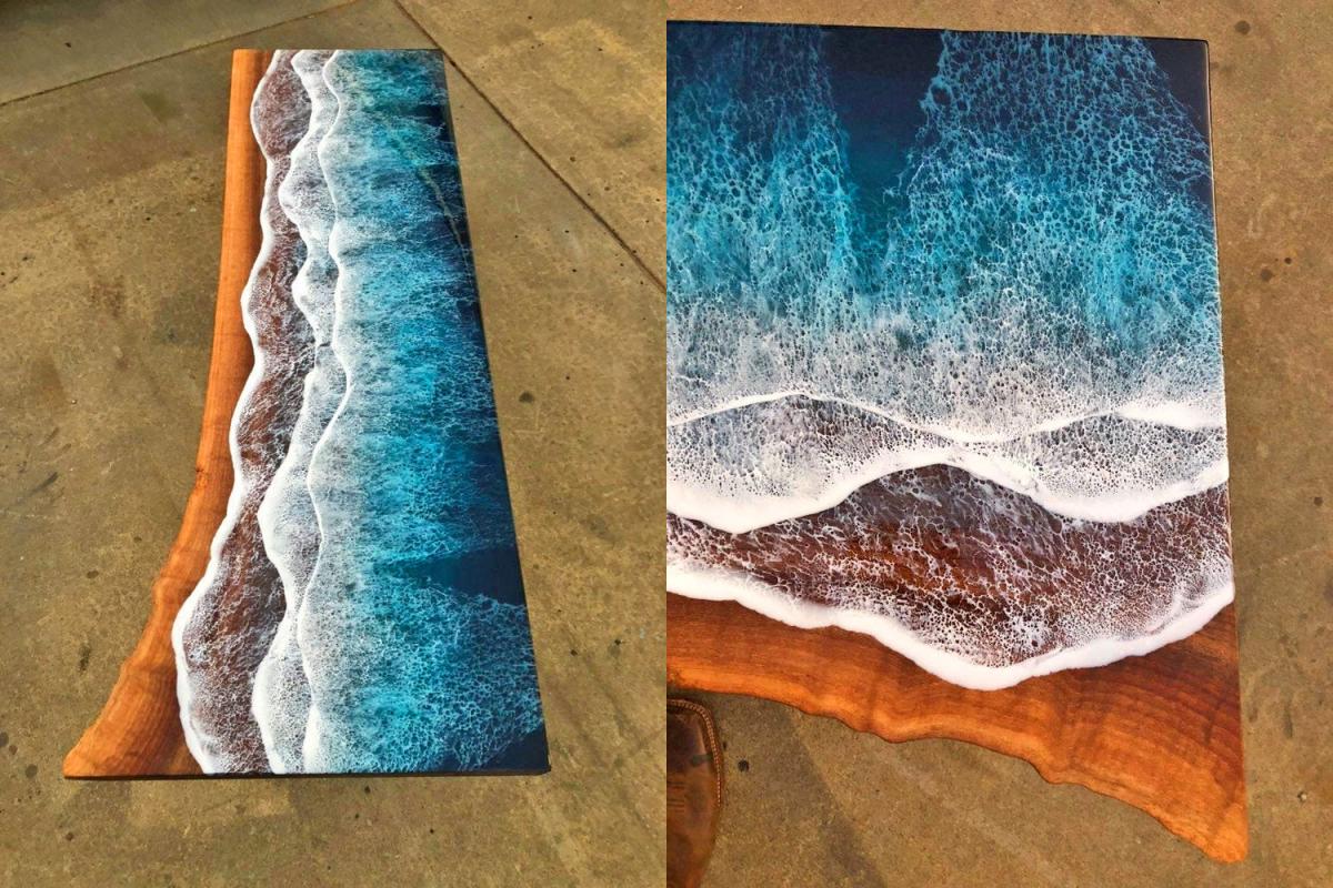 Wooden Slab Table With Ocean Waves Washing Onto Shore - Incredible design resin ocean waves coffee table