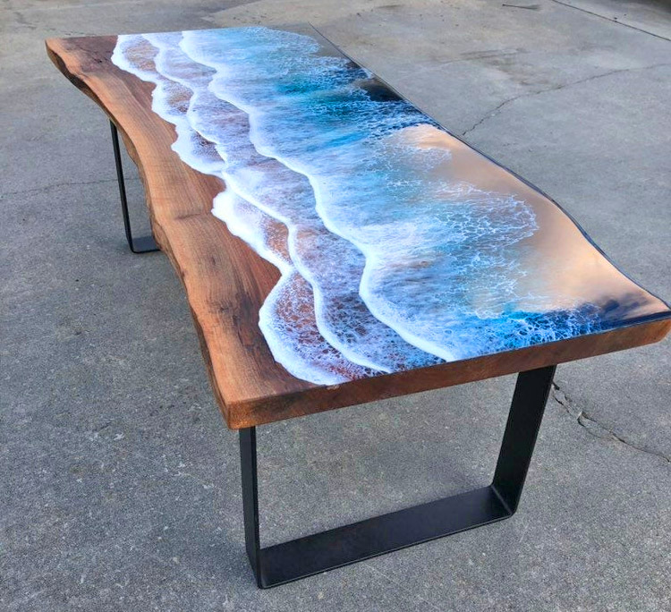 Wooden Slab Table With Ocean Waves Washing Onto Shore - Incredible design resin ocean waves coffee table