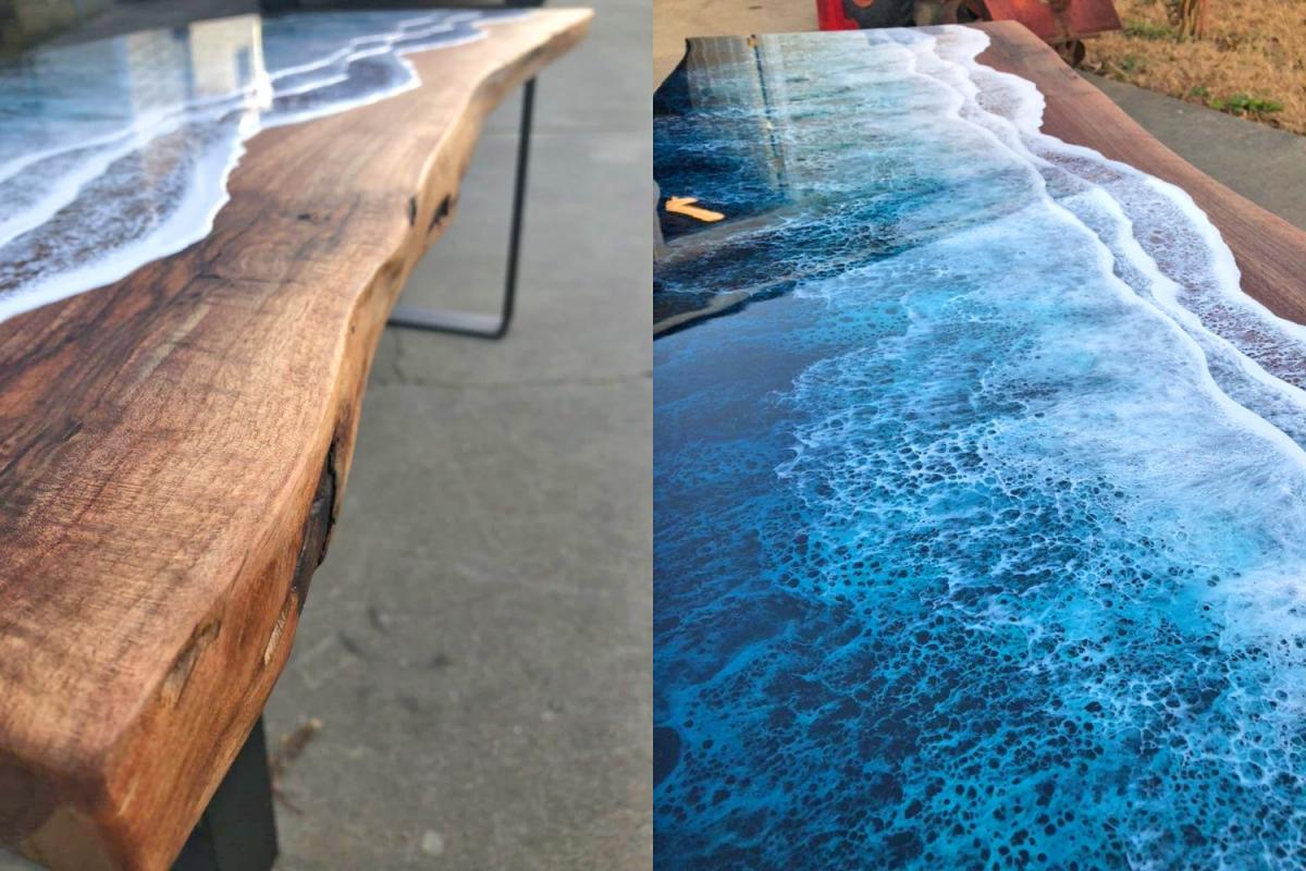 Wooden Slab Table With Ocean Waves Washing Onto Shore - Incredible design resin ocean waves coffee table