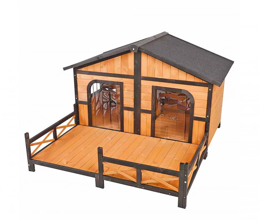 Outdoor Double Doghouse With a Deck