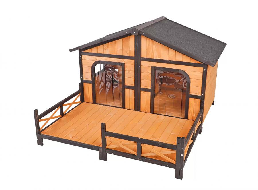 Outdoor Double Doghouse With a Deck