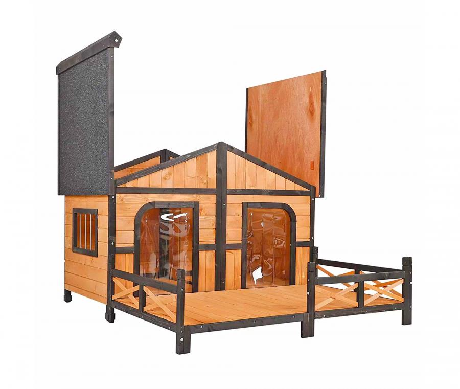 Outdoor Double Doghouse With a Deck
