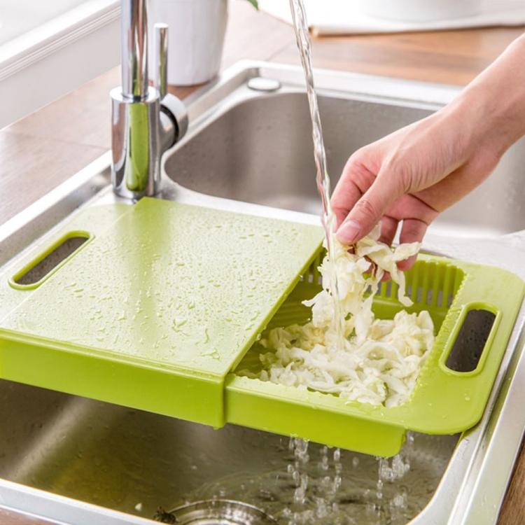 3-in-1 Over The Sink Cutting Board - Cutting Board, Colander, Storage Bin - Cool Kitchen Gadget