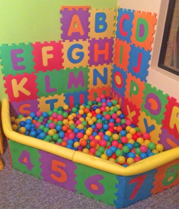 Interlocking Letter Foam Tile Play Mats Let You DIY a Mini Kids Ball Pit - ABC foam tiles ball pit - letters jigsaw puzzle piece pads