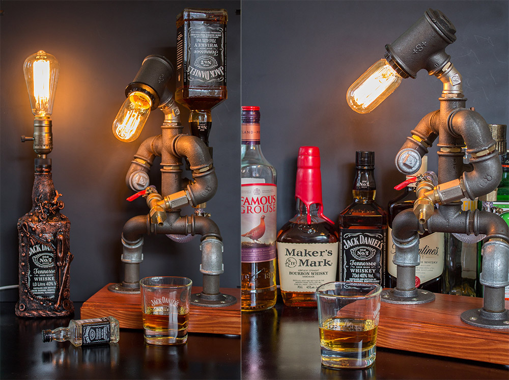 Pipe Man Liquor Dispensers - Industrial design DIY homemade booze dispenser made from metal piping