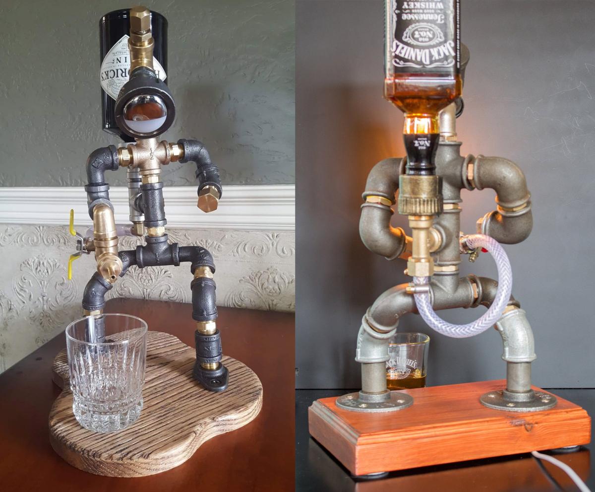 Pipe Man Liquor Dispensers - Industrial design DIY homemade booze dispenser made from metal piping