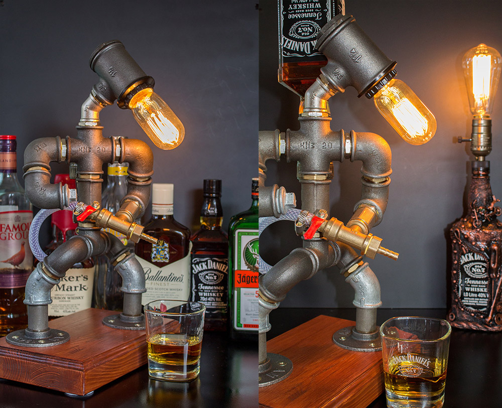 Pipe Man Liquor Dispensers - Industrial design DIY homemade booze dispenser made from metal piping