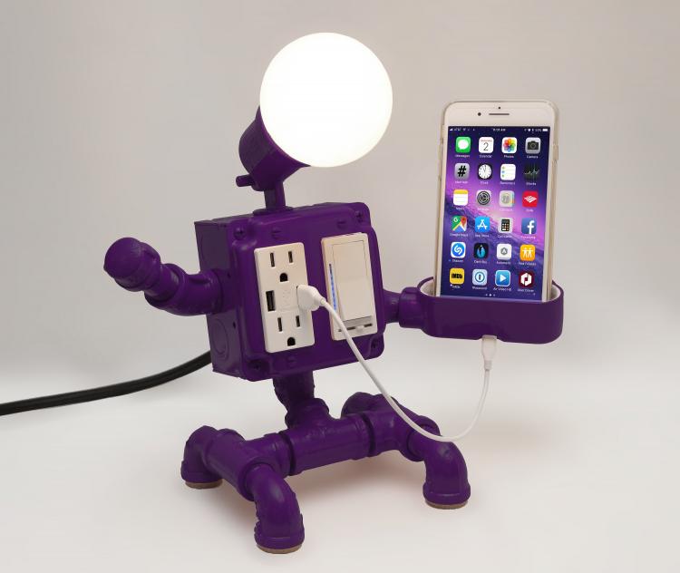 Pipe Robot Lamp, Plug, And Gadget Holder - Steampunk Industrial Pipe Robot Desk Ornament