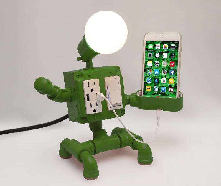 Pipe Robot Lamp, Plug, And Gadget Holder - Steampunk Industrial Pipe Robot Desk Ornament