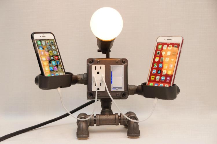 Pipe Robot Lamp, Plug, And Gadget Holder - Steampunk Industrial Pipe Robot Desk Ornament