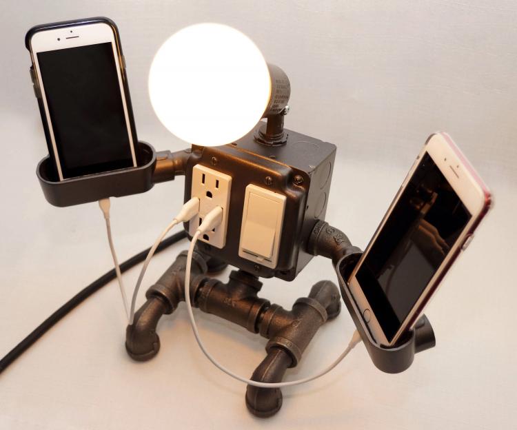 Pipe Robot Lamp, Plug, And Gadget Holder - Steampunk Industrial Pipe Robot Desk Ornament