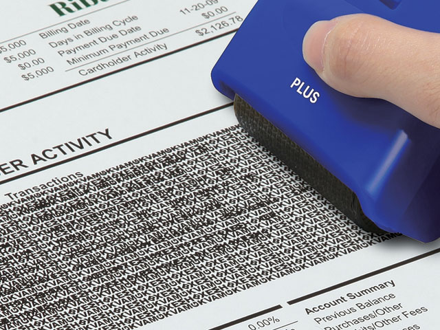 Plus Guard Rolling Black-Out Stamp - Random letters stamp out personal information, names, addresses, and confidential documents