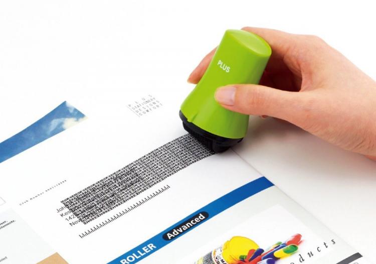 Plus Guard Rolling Black-Out Stamp - Random letters stamp out personal information, names, addresses, and confidential documents