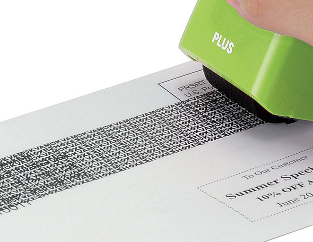 Plus Guard Rolling Black-Out Stamp - Random letters stamp out personal information, names, addresses, and confidential documents