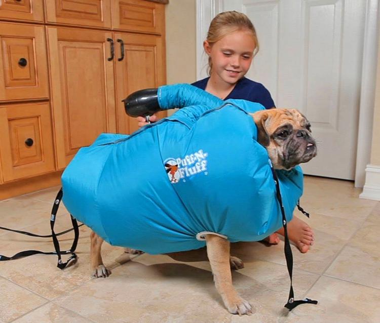 Puff-N-Fluff Dog Dryer - Inflatable dog dry uses blow-dryer to dry dog in seconds